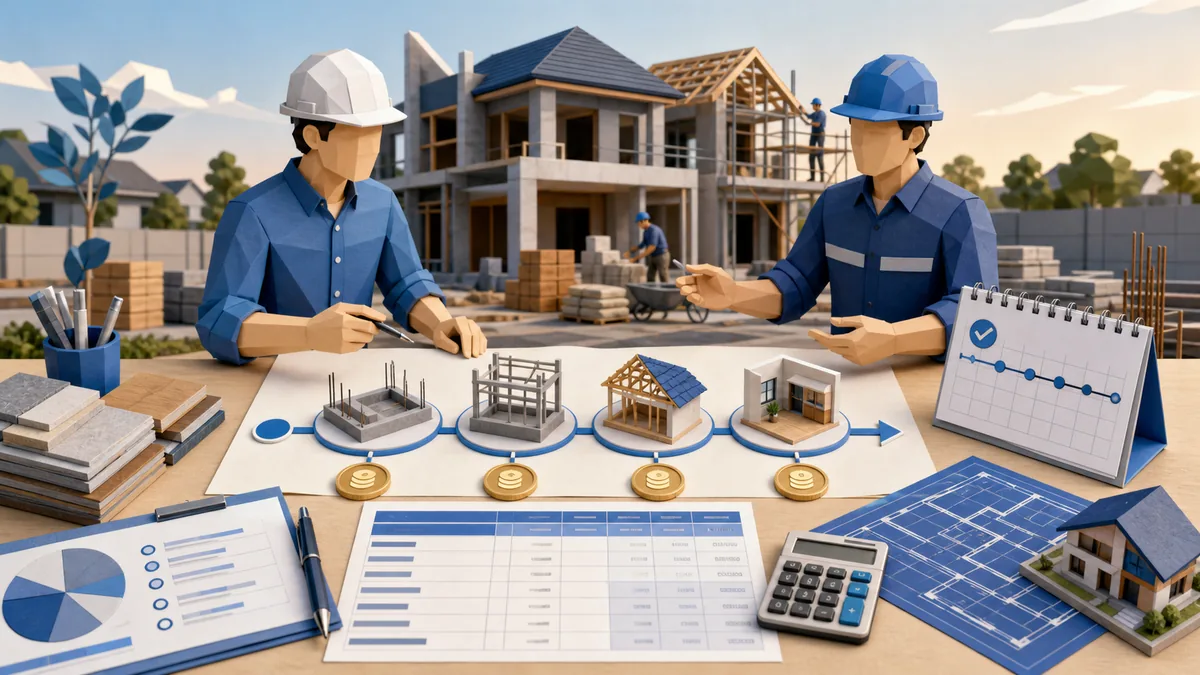 Cara membaca termin pembayaran proyek rumah dengan tahapan progres pekerjaan, RAB, jadwal pembayaran, material, denah, dan kontrol biaya renovasi