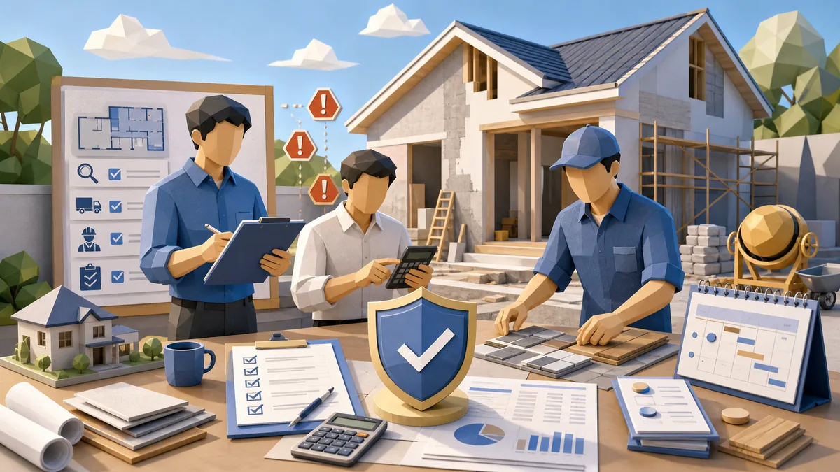 Cara mengurangi risiko pembengkakan biaya proyek rumah dengan scope pekerjaan, RAB detail, survey kondisi rumah, kontrol material, jadwal tukang, dan pengawasan