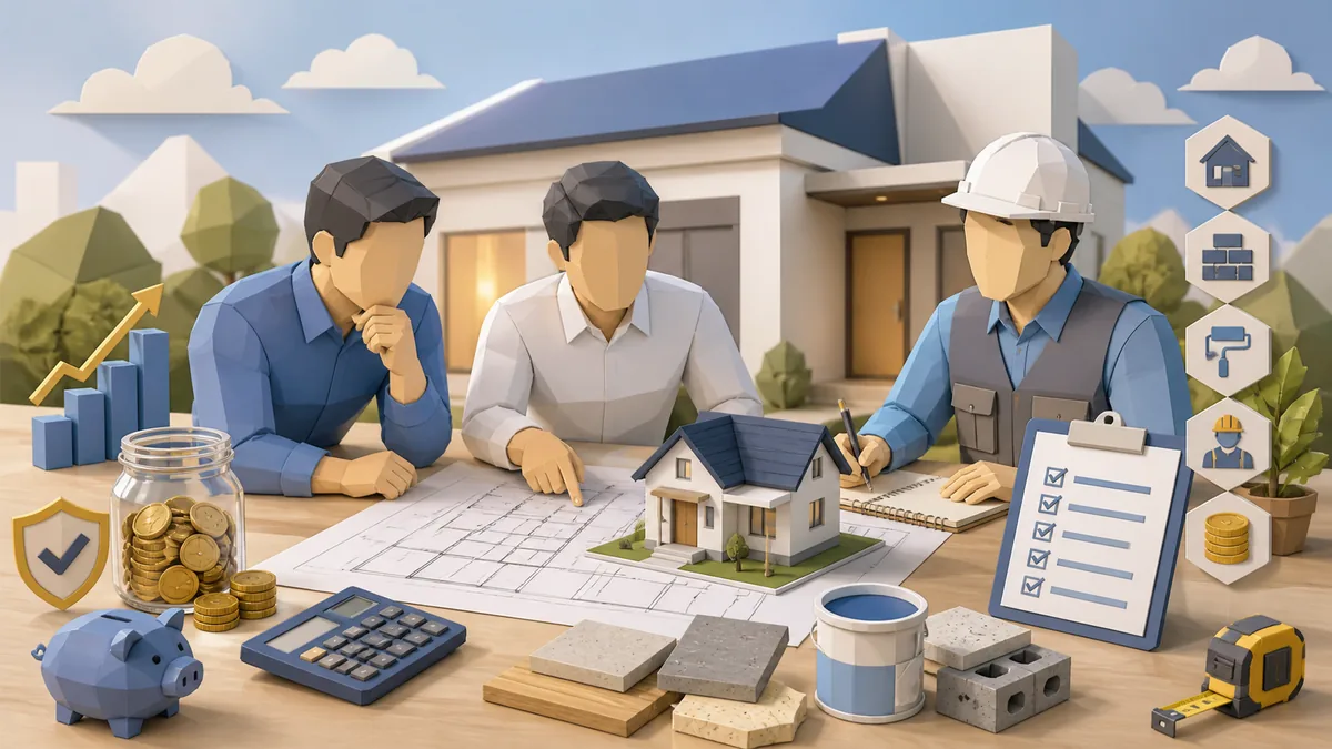 Cara menyiapkan budget bangun rumah pertama dengan RAB, blueprint, prioritas pekerjaan, estimasi material, upah tukang, dan tabungan proyek