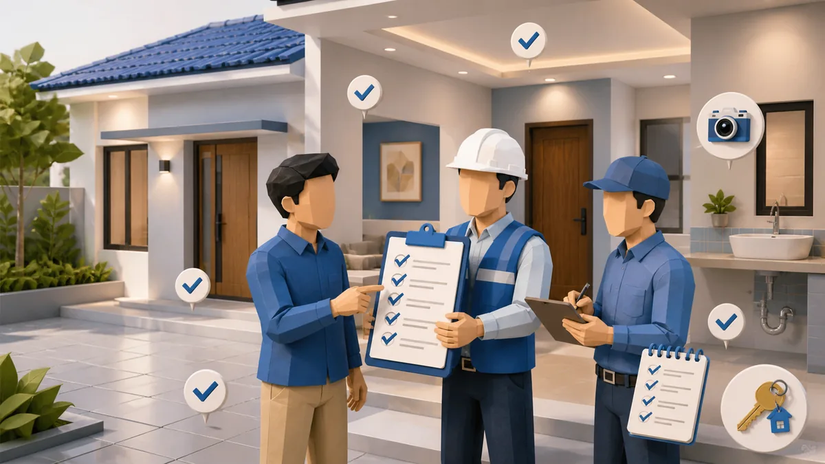 Checklist serah terima pekerjaan renovasi untuk mengecek hasil finishing, lantai, dinding, plafon, instalasi, dokumentasi, dan kunci rumah
