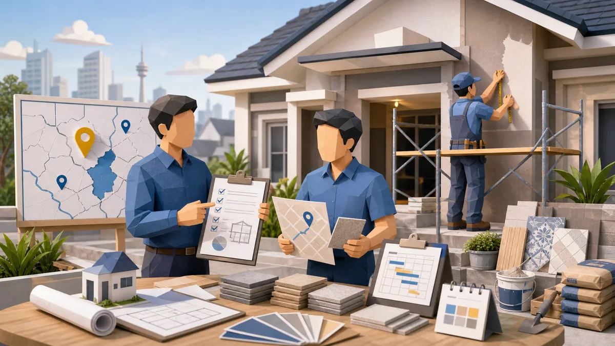 Jasa renovasi rumah Jakarta Timur dengan survey lokasi, scope pekerjaan, RAB, material, jadwal tukang, dan pengawasan renovasi rumah