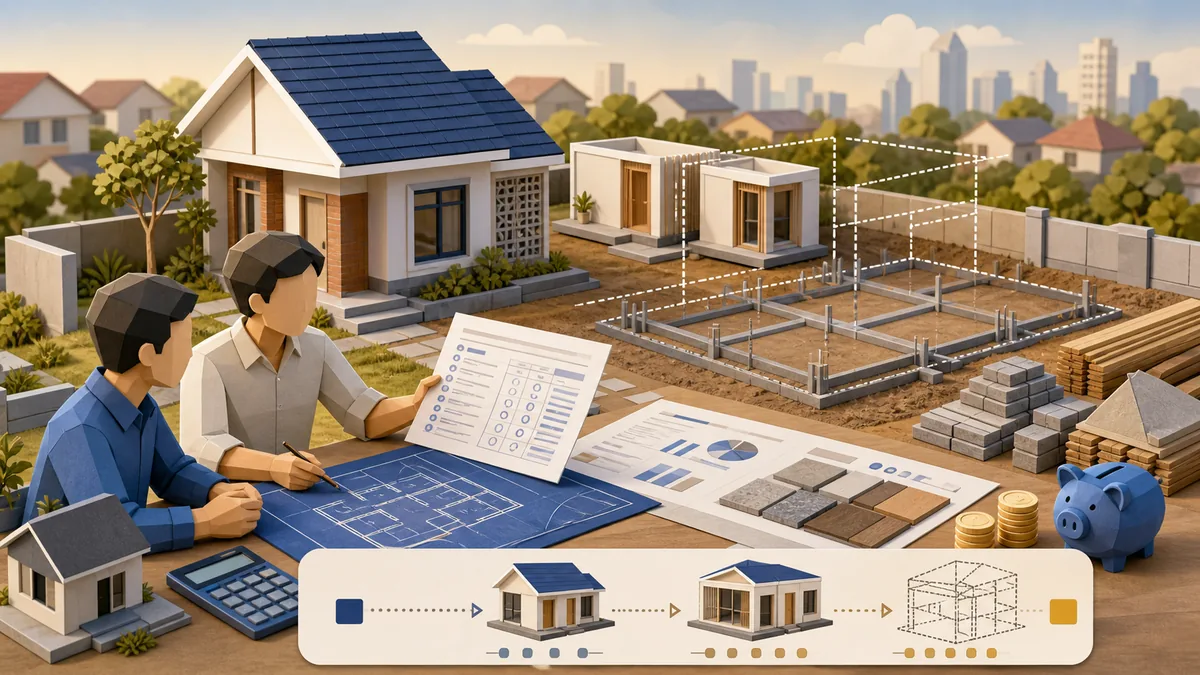 Panduan membuat rumah tumbuh dengan biaya bertahap melalui rencana tahap bangun, pondasi ekspansi, RAB, prioritas material, dan estimasi budget