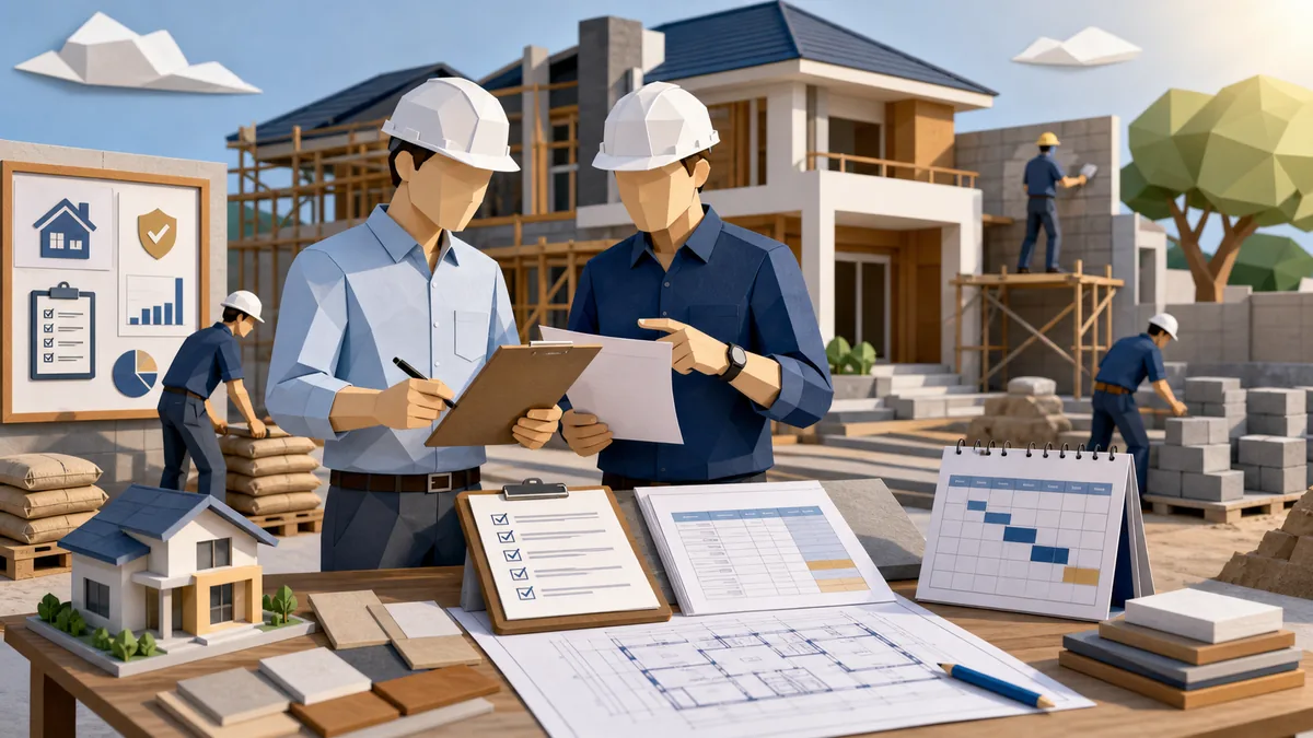 Panduan pengawasan proyek rumah untuk pemilik rumah dengan checklist progres, RAB, jadwal kerja, material, denah, dan kontrol kualitas tukang