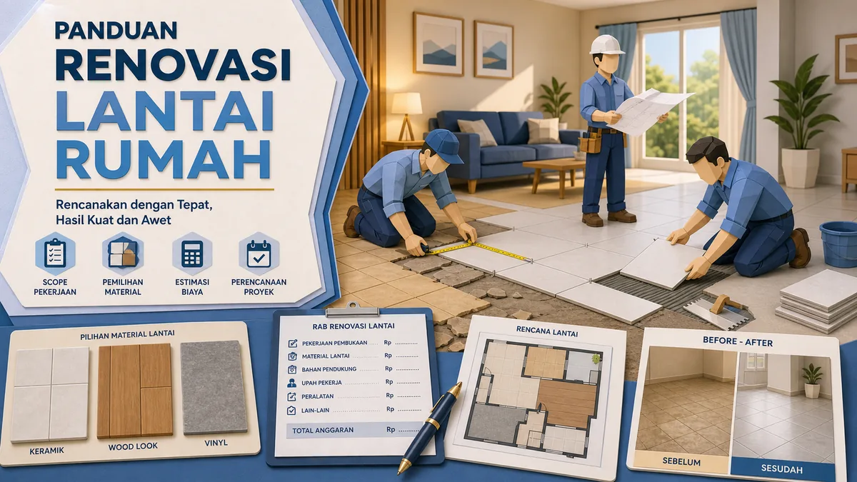 Panduan renovasi lantai rumah dengan pilihan material keramik, perencanaan RAB, pengukuran area, scope pekerjaan, dan pemasangan lantai yang rapi