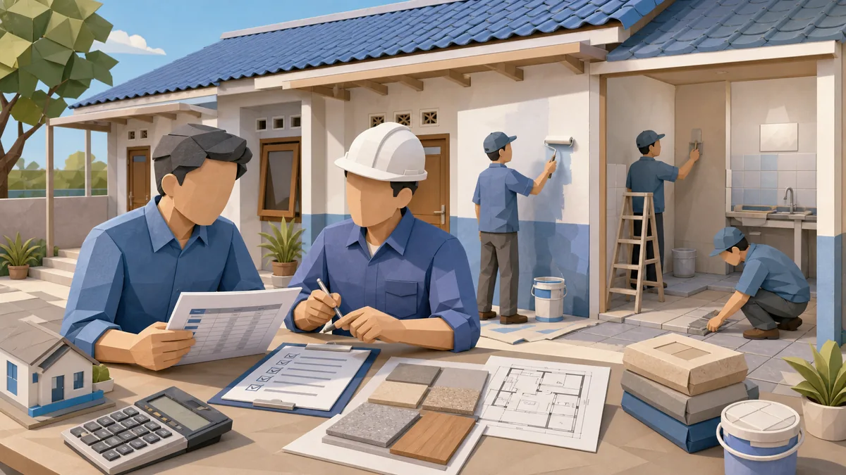 Panduan renovasi rumah kontrakan dengan RAB, checklist scope pekerjaan, pilihan material tahan lama, perbaikan cat, lantai, kamar mandi, dan kontrol biaya
