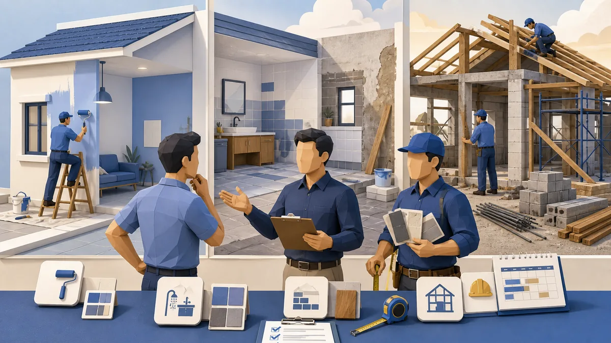 Perbedaan renovasi ringan sedang dan total berdasarkan scope pekerjaan, RAB, kondisi rumah lama, sistem kerja tukang, material, dan pengawasan proyek