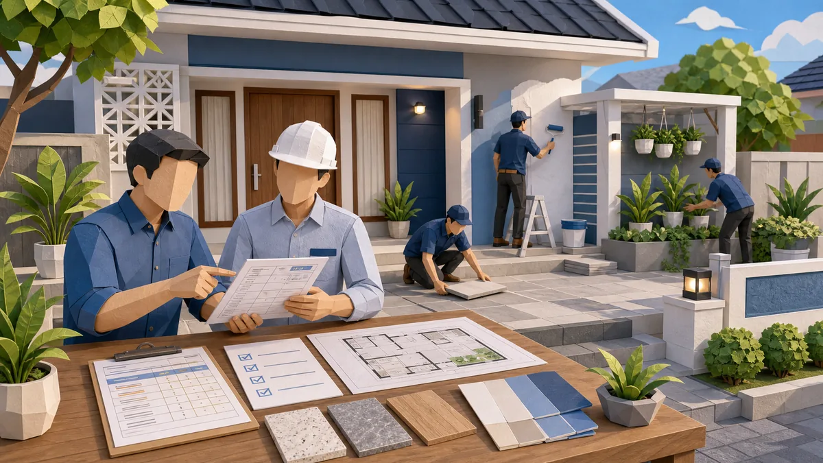 Tips membuat teras rumah lebih rapi dengan renovasi lantai, cat dinding, kanopi, tanaman, pencahayaan, RAB, checklist scope, dan pilihan material