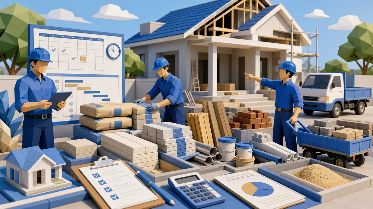 Tips mengatur material agar proyek tidak terlambat dengan jadwal pengiriman, checklist stok, RAB, volume pekerjaan, dan koordinasi tukang bangunan